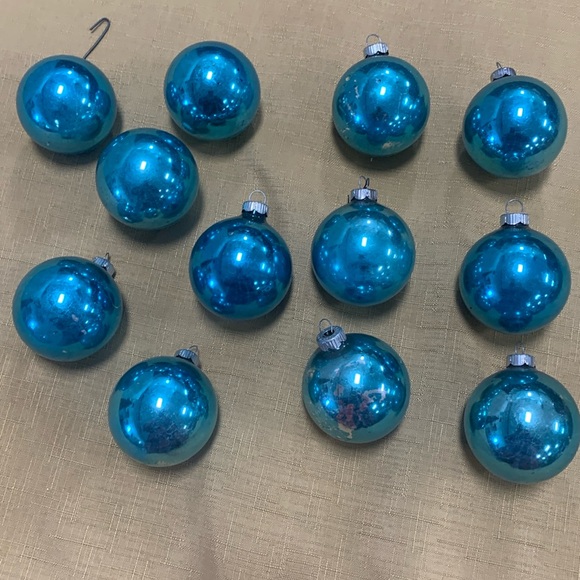 12Vintage Teal Shiny Bright Ornaments - Picture 1 of 2